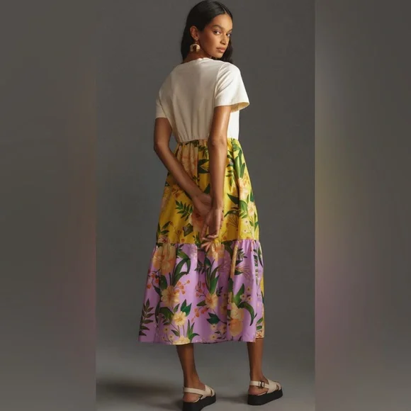 Farm Rio 100% Cotton Tiered Maxi Shirt Dress yellow floral motif Large Petite - Picture 4 of 16